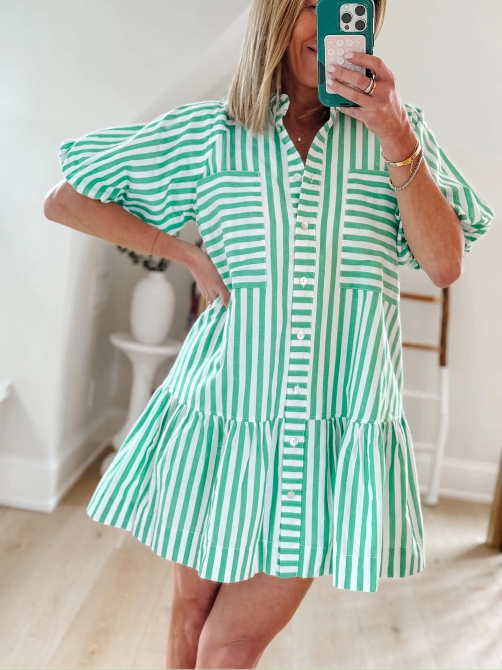 Pinch Button Down Mini Dress in Green Stripe, Size Medium